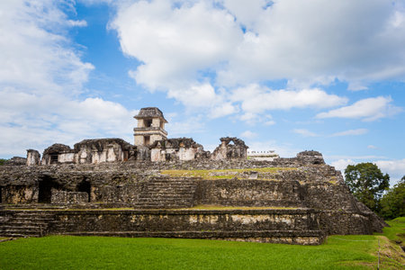 Beautiful pyramids in Palenque archaeological site in Mexico. Vivid landscape photo.の写真素材