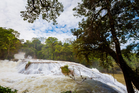 Beautiful landscape of Agua Azul cascades park in Palenque, Mexico. Vivid landscape photo.の写真素材