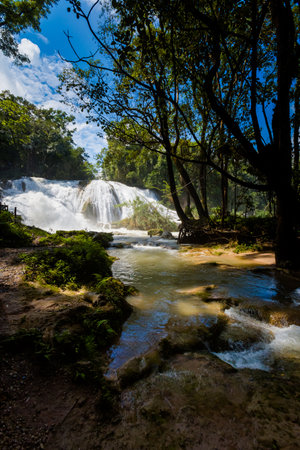 Beautiful landscape of Agua Azul cascades park in Palenque, Mexico. Vivid landscape photo.の写真素材
