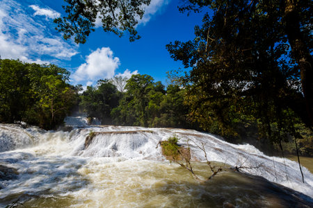 Beautiful landscape of Agua Azul cascades park in Palenque, Mexico. Vivid landscape photo.の写真素材