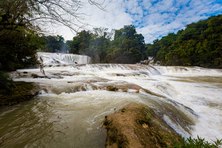 Beautiful landscape of Agua Azul cascades park in Palenque, Mexico. Vivid landscape photo.の写真素材