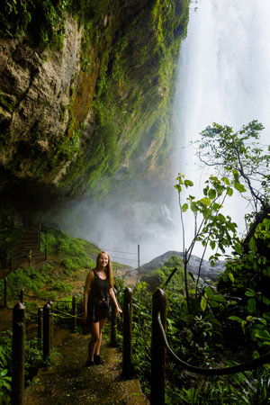 Beautiful landscape of Misol Ha cascades park in Chiapas, near Palenque, Mexico. Vivid landscape photo.の写真素材