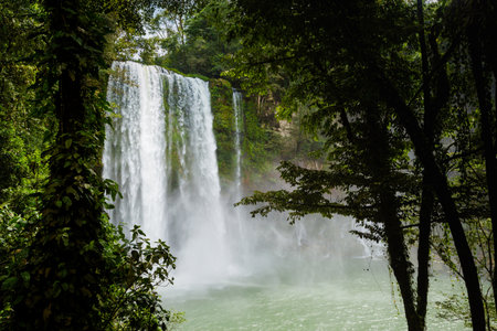 Beautiful landscape of Misol Ha cascades park in Chiapas, near Palenque, Mexico. Vivid landscape photo.の写真素材