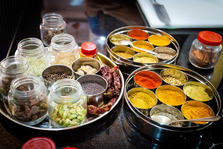 Traditional way of preparing indian food - fresh herbs and spices. Picture of traditional India cooking class in Goaの写真素材