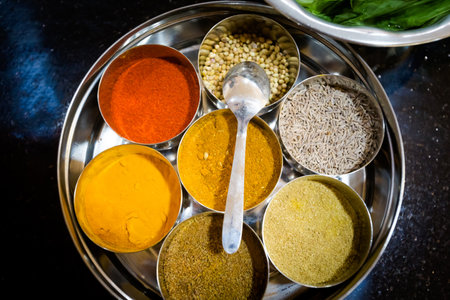 Traditional way of preparing indian food - fresh herbs and spices. Picture of traditional India cooking class in Goaの写真素材