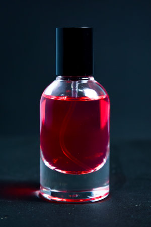 Transparent Red Bottle Perfume isolated black background for mock up designの写真素材