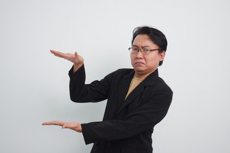 Unhappy and doubtful asian businessman doing smaller gesture with 2 hands. Isolated white backgroundの写真素材