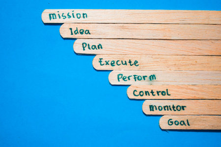 stick of ice cream with the words mission, idea, plan, execute, perform, control, monitor, goal. Motivational quotes, strategy business, marketing words. Isolated on backgroundの写真素材