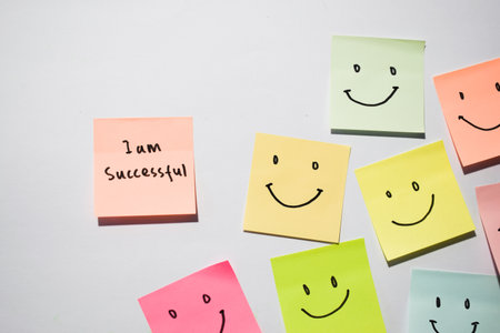 I am successful and smile emoticon on sticky notes. Motivational words for personal development,...