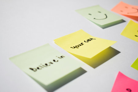 Believe in yourself and smile emoticon on sticky notes. Motivational for personal development,...