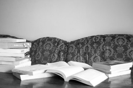Black and white scene in livingroom with books on the table.の写真素材
