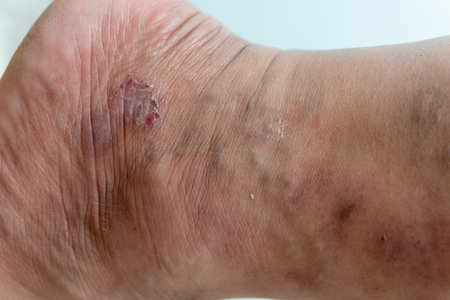 Skin disease of scabies infection caused by mites called Sarcoptes scabiei burrowing into the skin,...