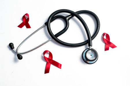 Red ribbon and stethoscope, HIV awareness concept, world AIDS day, world cancer day isolated white background.の写真素材