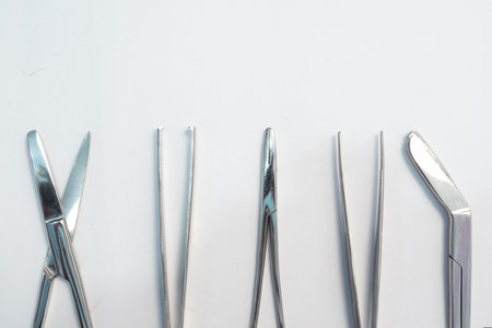 Set of Surgery Instrument over white background. Include Scissors and forceps. Medical equipment kitの写真素材