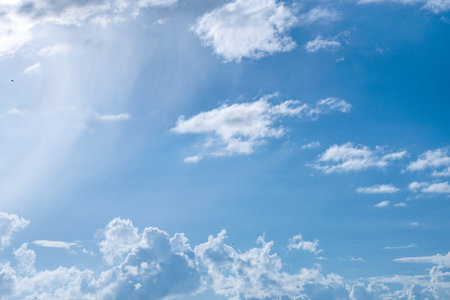 Aerial white clouds on blue sky. Blue sky backgrond nature. beautiful aerial cloudscape view from above, bright cloudy sky view from buttom with copy spaceの写真素材