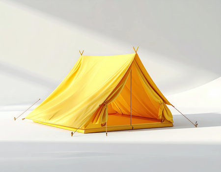 3D icon camping tent triangular minimal form, pastel yellow fabric, soft shadow on white.の素材