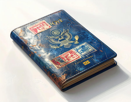 3D realistic Passport with travel stamps, realistic cover texture, soft shadow on white backgroundの素材