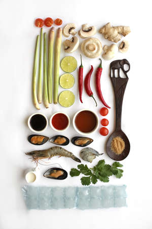 Tom Yam soup ingredients on white background. Visual recipe, top view.の写真素材