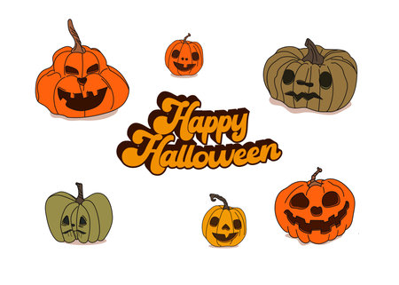 Evil pumpkin collection. Evil pumpkin icons with Happy Halloween pumpkin stickers.Halloween pumpkin setのイラスト素材