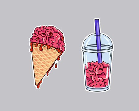 Scary Halloween fast food. Illustration of scary food for monsters and zombies. Brains ice creamのイラスト素材