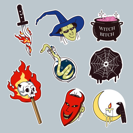 A set of stickers featuring a Halloween image. Hand drawn illustration. Isolated sticker set on gray background. Set of stickers, patches, pins, icons in cartoon style.のイラスト素材