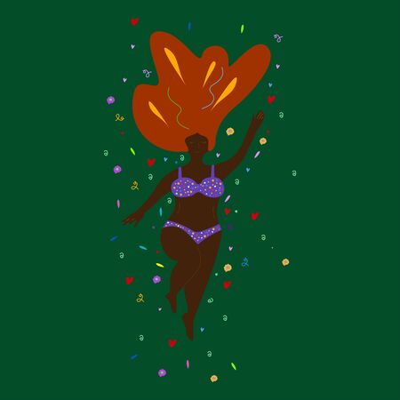 Love your body - body positive.Vector illustration of a woman holding be yourself banner. Concept of feminism, body positivity, love for oneself and self-care. Happy character for a body-positive poster. Body positive concept.のイラスト素材