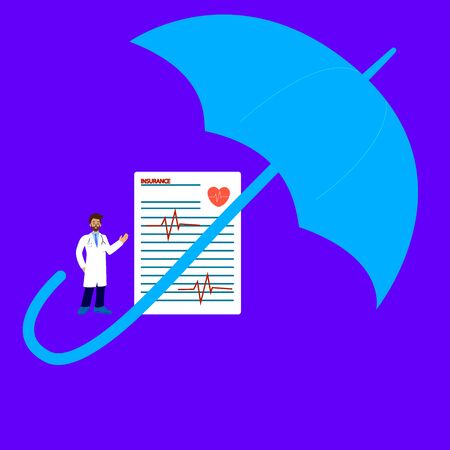 Health insurance concept.Doctor Character stand near Health Insurance Contract. Big clipboard with document on it under the umbrella. Healthcare, finance and medical service.のイラスト素材