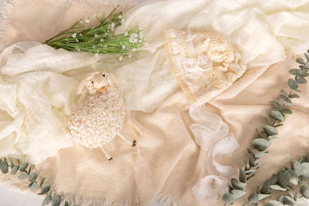 Mockup for announcement pregnancy . Space for text on textile backgroundの写真素材