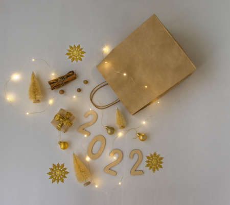 Happy new year 2022. Eco friendly packaging gifts in kraft and paper bag .Eco Christmas decor.
