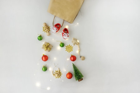 Christmas still life with eco friendly paper gift packaging. New Year elements. Top view, copy space . Craft Mockupの写真素材