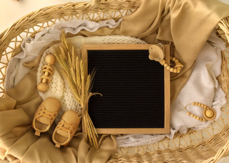 Pregnant Announcement Template. Design gender neutral bodysuit template. Layout for the design and placement with blurred . Selective focusの写真素材