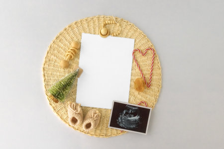 Pregnant Announcement Template.Holiday Digital Pregnancy Announcement. Layout for the design and placement. Pregnancy announcement background with blurred . selective focusの写真素材