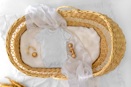 Mockup of baby bodysuit shirt . Baby Announcement. Pregnancy announcement background with blurred . Selective focusの写真素材