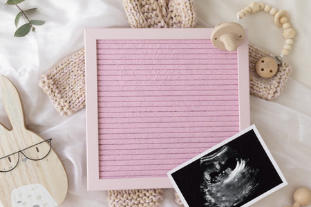 Mockup of Social media Baby Announcement. Pregnancy announcement background with blurred . Selective focusの写真素材