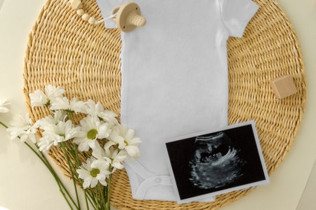 Mockup of Social media Baby Announcement. Pregnancy announcement background with blurred . Selective focusの写真素材