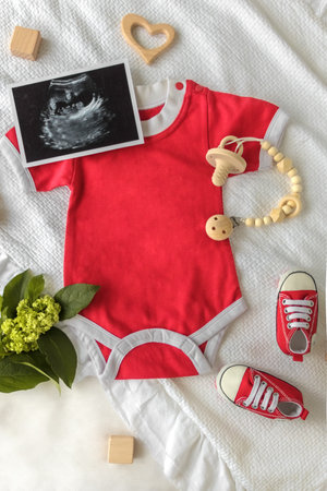 Mockup of Social media Baby Announcement. Pregnancy announcement background with blurred . Selective focusの写真素材