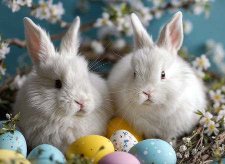 Lovely little Easter bunny. Baby Easter pet. Rabbit and Easter eggsの素材
