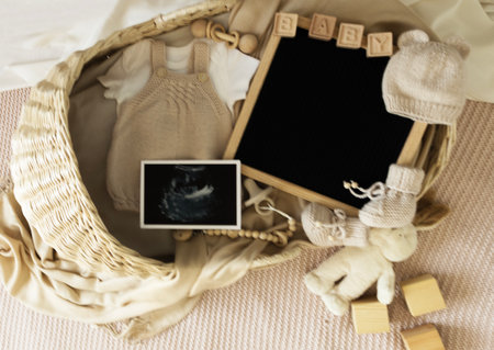 Social Media Pregnancy Announcement . Letter Board Announcement . Baby shower or baby care concept. Flat lay, top view, copy space.の写真素材