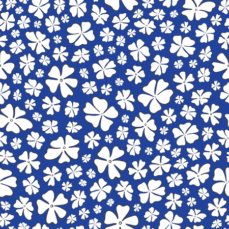 Seamless repeat pattern of stylized white outlined flowers on a dark blue background. A pretty tossed vector pattern ideal for summer projects.のイラスト素材