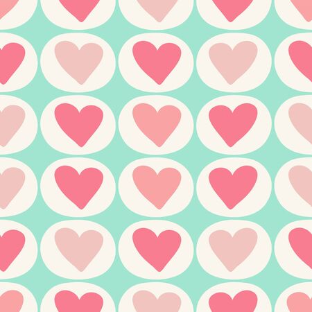 Simple geometric pattern of hearts in circles. A pretty vector seamless repeat pattern ideal for valentines fabric, scrap booking and stationery projects projects.のイラスト素材