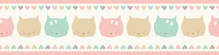Border repeat pattern of sweet cat faces in pastel colours. Seamless vector edging design ideal for children and babies.のイラスト素材
