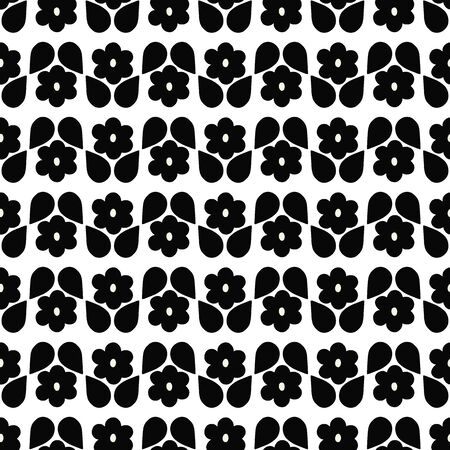 Seamless repeat pattern of stylized black and white flowers and leaves in a geometric pattern. A modern floral vector design.のイラスト素材