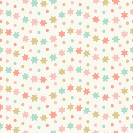 Hand drawn star and spots wavy striped seamless repeat pattern. Sweet pastel coloured vector design ideal for children and baby projects.のイラスト素材