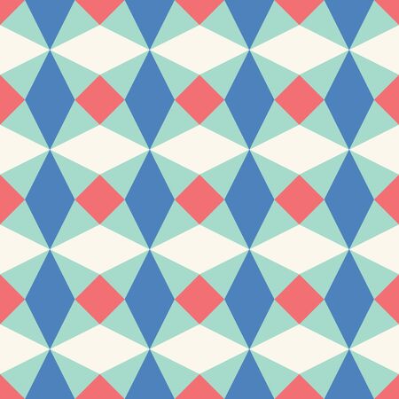 Abstract geometric vector repeat pattern with diamond shapes in blue, red and white. Bright fun seamless design.のイラスト素材