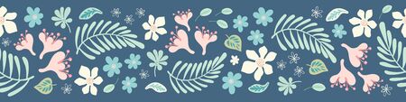 Tropical flower and leaf border pattern. Cute vector seamless repeat floral and foliage banner design.のイラスト素材