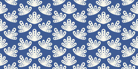 Leaf pattern border design. Vector seamless repeat banner of geometric stylized leaves in blue and...