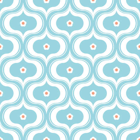 Ogee geometric pattern design with flower detail. Pretty geometric vector floral seamless repeat in retro style. Mid century inspired background in blue, white and pink..のイラスト素材