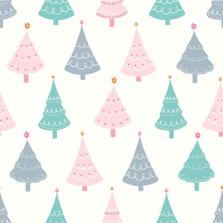 Christmas tree pattern design with stars, cute vector seamless repeat of hand drawn festive decorated trees.のイラスト素材