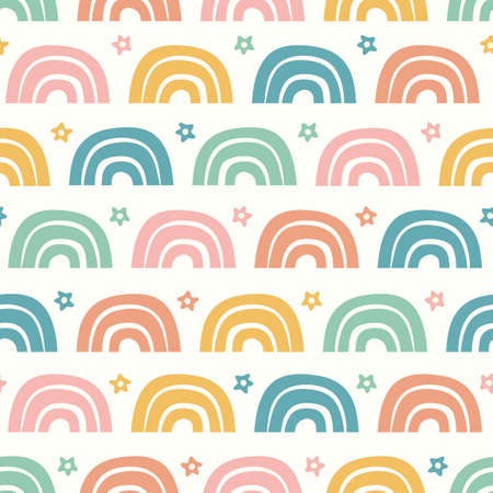 Rainbow pattern design, cute vector seamless repeat background of colourful rainbows and stars.のイラスト素材