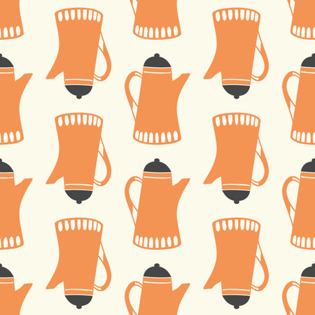 Coffee pattern design, vector seamless repeat of retro style cafe pots in orange. Hand drawn background illustration.のイラスト素材
